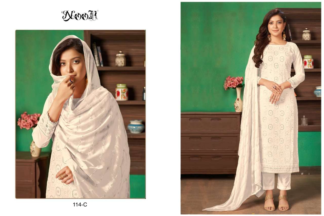 NOOR 114 COLOURS BY NOOR 114-A TO 114-E SERIES PAKISTANI STYLISH BEAUTIFUL COLOURFUL PRINTED & EMBROIDERED PARTY WEAR & OCCASIONAL WEAR GEORGETTE EMBROIDERED DRESSES AT WHOLESALE PRICE