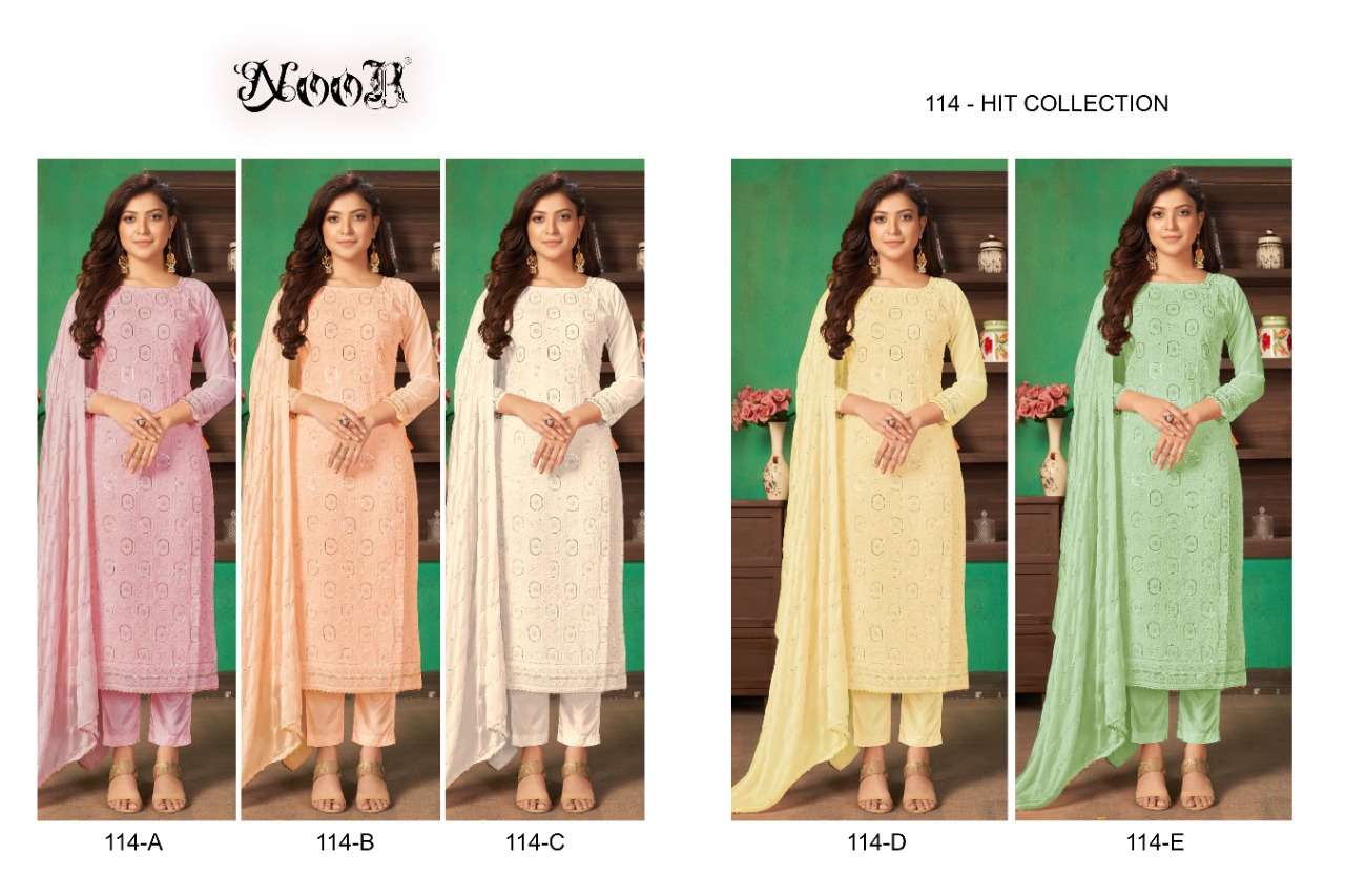 NOOR 114 COLOURS BY NOOR 114-A TO 114-E SERIES PAKISTANI STYLISH BEAUTIFUL COLOURFUL PRINTED & EMBROIDERED PARTY WEAR & OCCASIONAL WEAR GEORGETTE EMBROIDERED DRESSES AT WHOLESALE PRICE