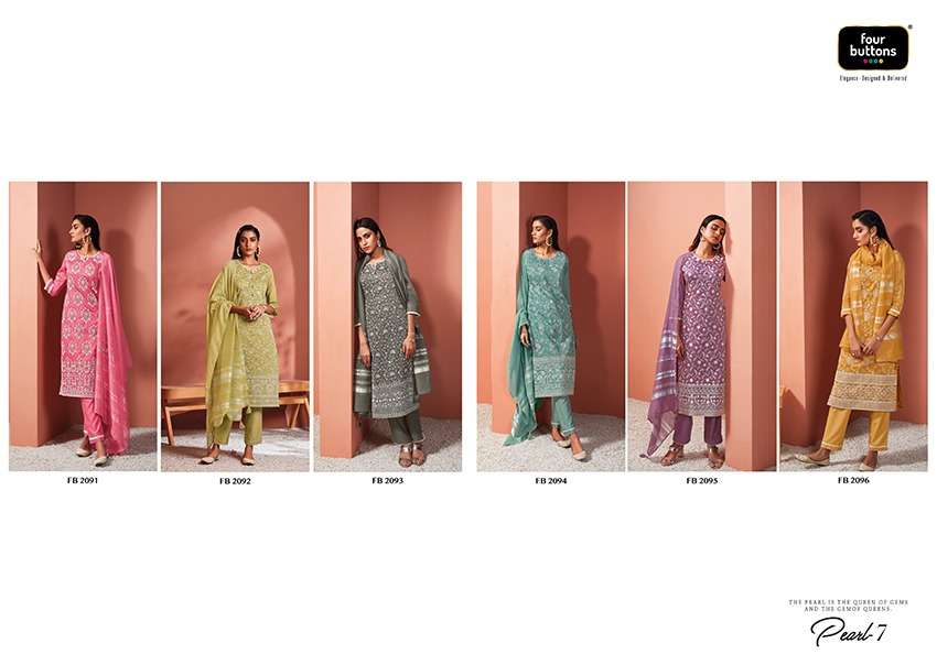 PEARL VOL-7 BY FOUR BUTTONS 2091 TO 2096 SERIES BEAUTIFUL SUITS COLORFUL STYLISH FANCY CASUAL WEAR & ETHNIC WEAR VISCOSE CHANDERI DRESSES AT WHOLESALE PRICE