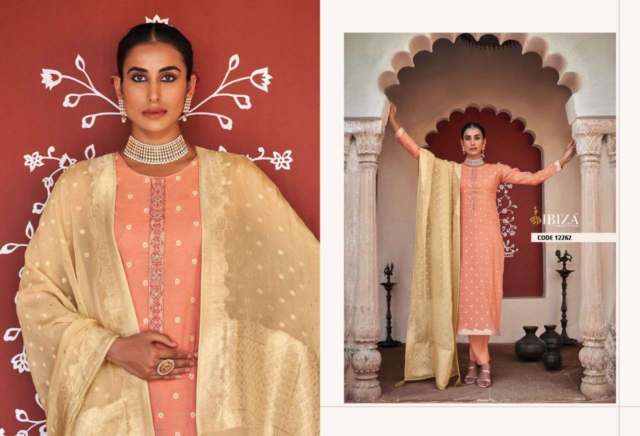 NILOOFAR BY IBIZA 12257 TO 12264 SERIES BEAUTIFUL SUITS COLORFUL STYLISH FANCY CASUAL WEAR & ETHNIC WEAR SILK JACQUARD DRESSES AT WHOLESALE PRICE