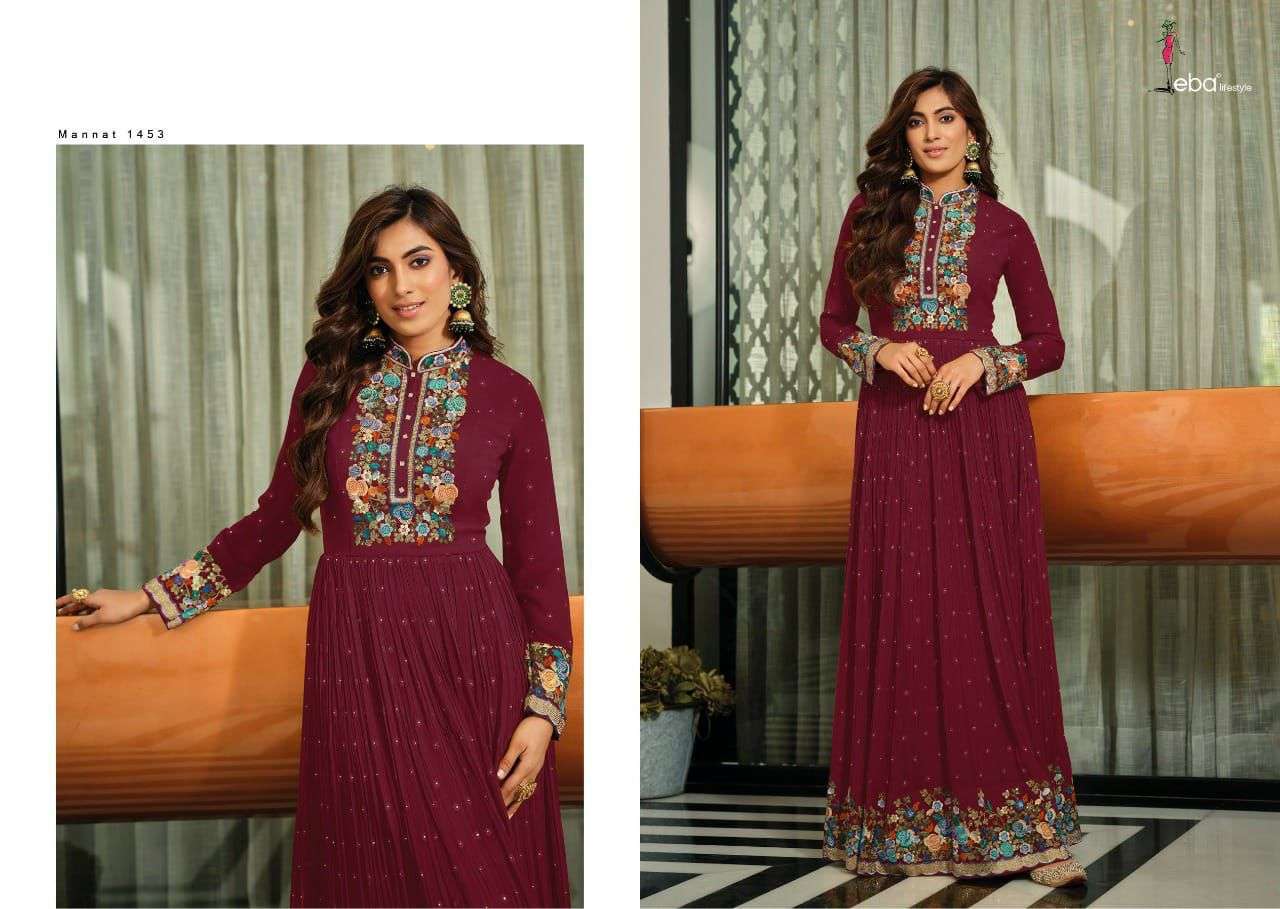 MANNAT BY EBA LIFESTYLE 1452 TO 1454 SERIES BEAUTIFUL STYLISH FANCY COLORFUL CASUAL WEAR & ETHNIC WEAR GEORGETTE EMBROIDERED GOWNS WITH DUPATTA AT WHOLESALE PRICE