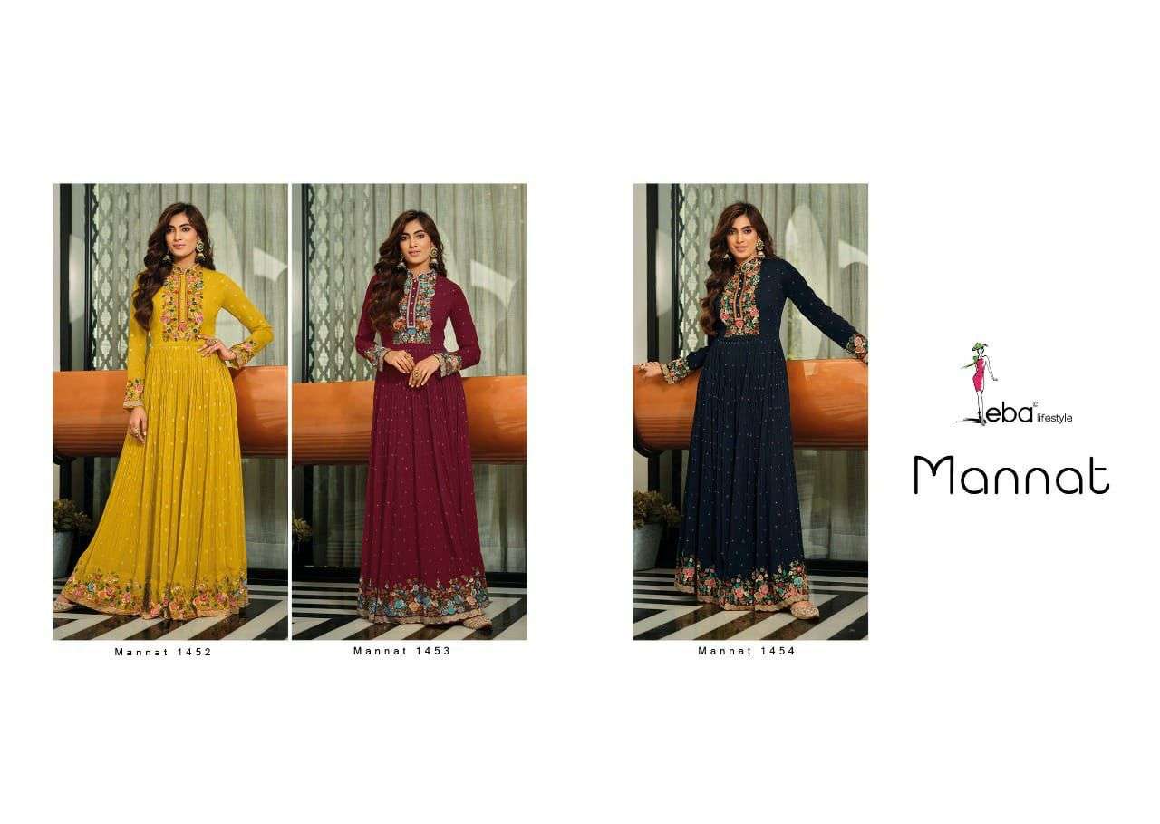 MANNAT BY EBA LIFESTYLE 1452 TO 1454 SERIES BEAUTIFUL STYLISH FANCY COLORFUL CASUAL WEAR & ETHNIC WEAR GEORGETTE EMBROIDERED GOWNS WITH DUPATTA AT WHOLESALE PRICE