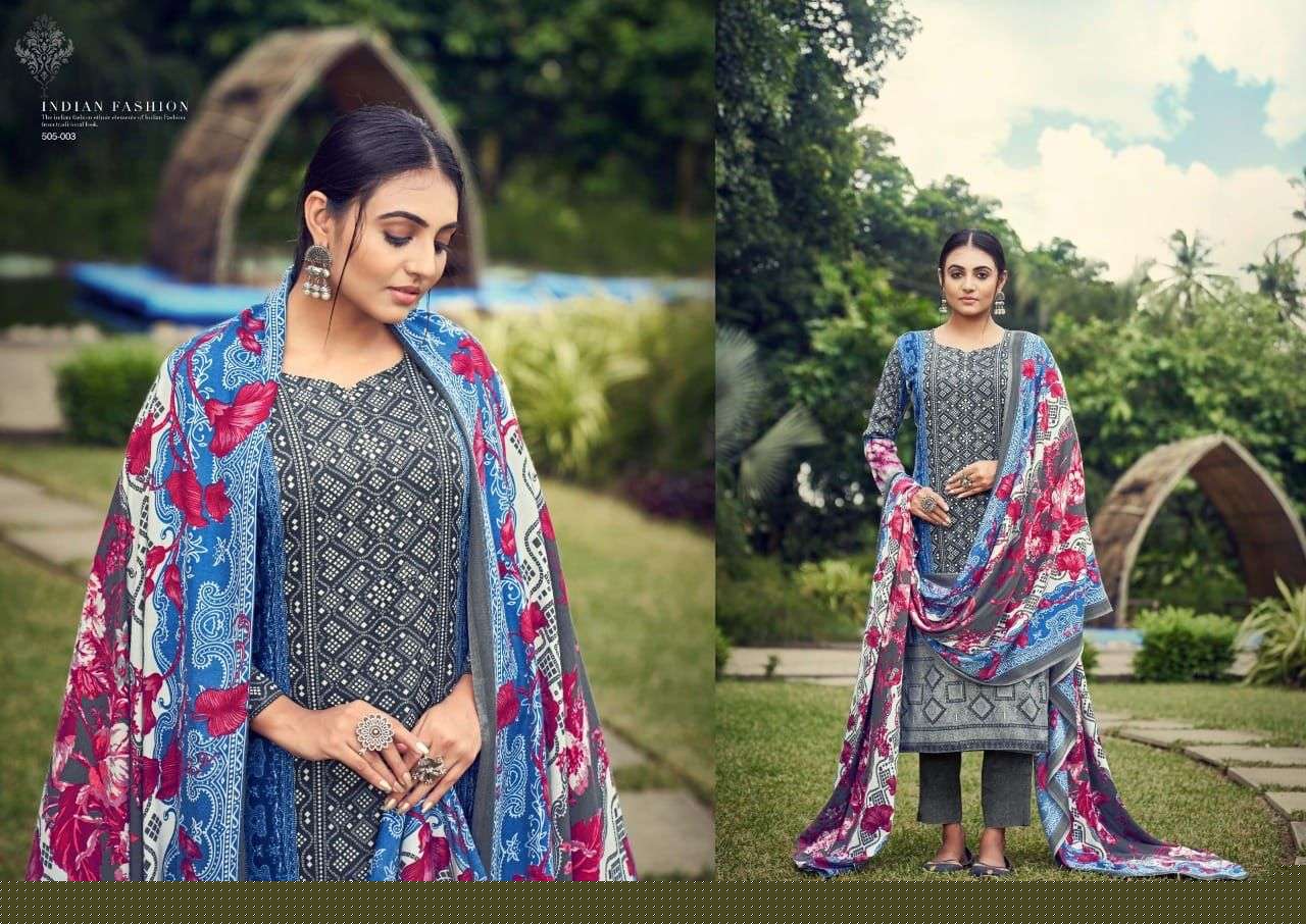NUSRAT BY ADEEVA TRENDZ 505-001 TO 505-010 SERIES BEAUTIFUL SUITS COLORFUL STYLISH FANCY CASUAL WEAR & ETHNIC WEAR PASHMINA PRINT DRESSES AT WHOLESALE PRICE