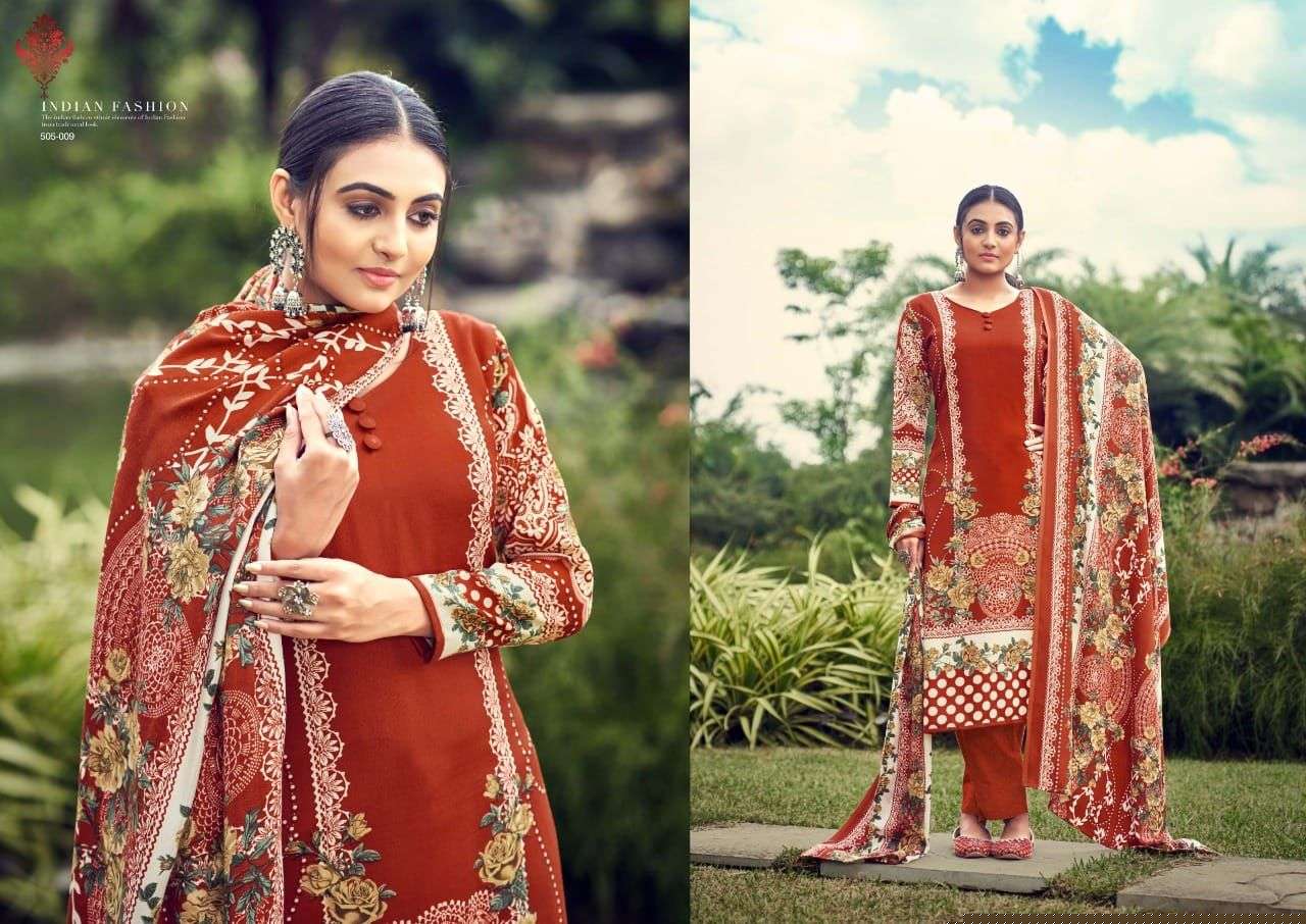 NUSRAT BY ADEEVA TRENDZ 505-001 TO 505-010 SERIES BEAUTIFUL SUITS COLORFUL STYLISH FANCY CASUAL WEAR & ETHNIC WEAR PASHMINA PRINT DRESSES AT WHOLESALE PRICE