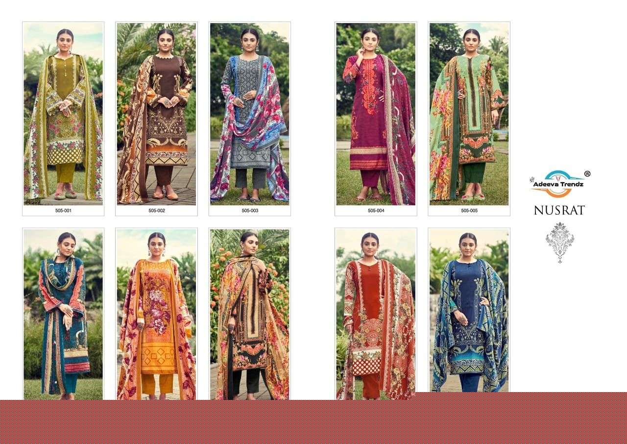 NUSRAT BY ADEEVA TRENDZ 505-001 TO 505-010 SERIES BEAUTIFUL SUITS COLORFUL STYLISH FANCY CASUAL WEAR & ETHNIC WEAR PASHMINA PRINT DRESSES AT WHOLESALE PRICE