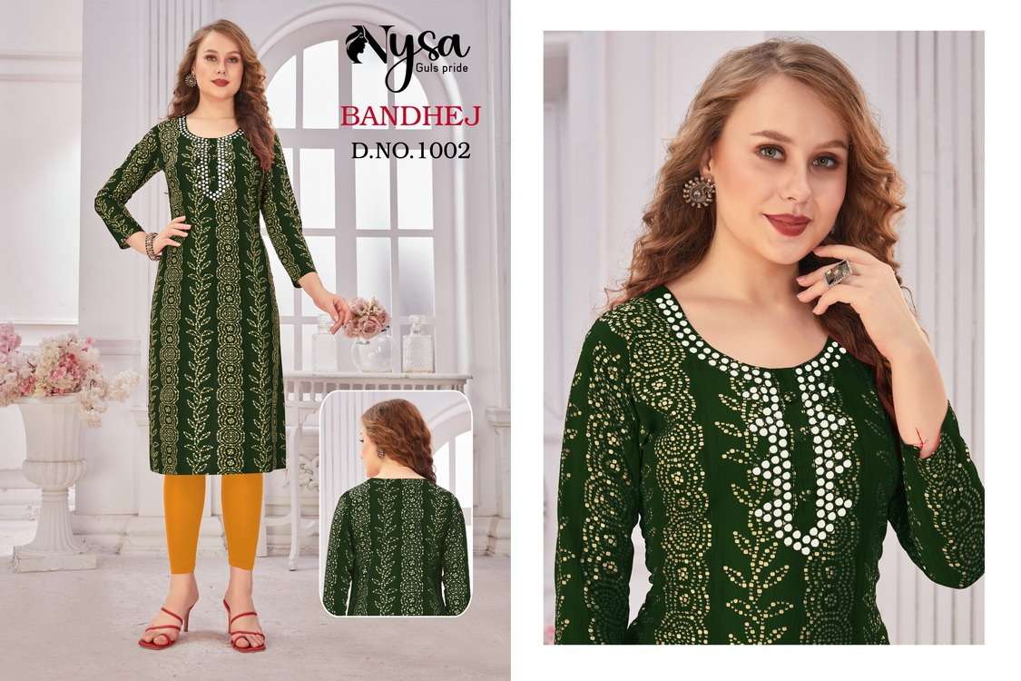 BANDHEJ BY NYSA 1001 TO 1004 SERIES DESIGNER STYLISH FANCY COLORFUL BEAUTIFUL PARTY WEAR & ETHNIC WEAR COLLECTION PURE RAYON KURTIS AT WHOLESALE PRICE