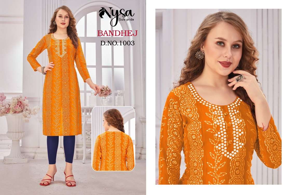BANDHEJ BY NYSA 1001 TO 1004 SERIES DESIGNER STYLISH FANCY COLORFUL BEAUTIFUL PARTY WEAR & ETHNIC WEAR COLLECTION PURE RAYON KURTIS AT WHOLESALE PRICE