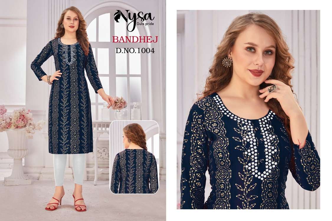 BANDHEJ BY NYSA 1001 TO 1004 SERIES DESIGNER STYLISH FANCY COLORFUL BEAUTIFUL PARTY WEAR & ETHNIC WEAR COLLECTION PURE RAYON KURTIS AT WHOLESALE PRICE