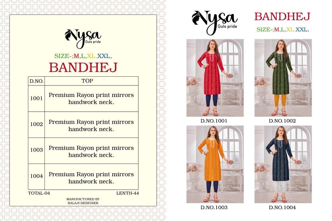 BANDHEJ BY NYSA 1001 TO 1004 SERIES DESIGNER STYLISH FANCY COLORFUL BEAUTIFUL PARTY WEAR & ETHNIC WEAR COLLECTION PURE RAYON KURTIS AT WHOLESALE PRICE