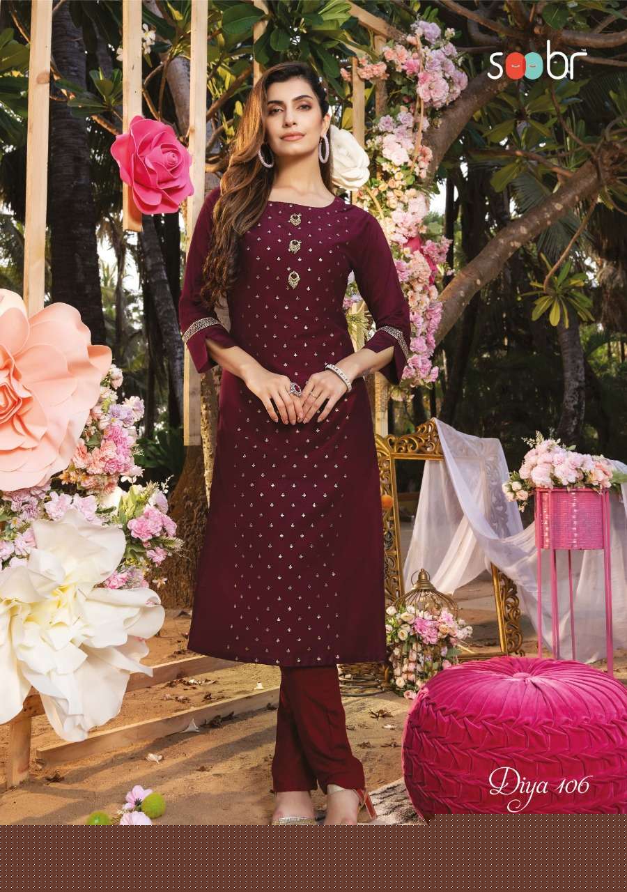 DIYA BY SOOBR 101 TO 106 SERIES DESIGNER STYLISH FANCY COLORFUL BEAUTIFUL PARTY WEAR & ETHNIC WEAR COLLECTION BANARASI SILK KURTIS AT WHOLESALE PRICE