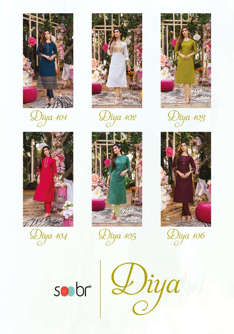 DIYA BY SOOBR 101 TO 106 SERIES DESIGNER STYLISH FANCY COLORFUL BEAUTIFUL PARTY WEAR & ETHNIC WEAR COLLECTION BANARASI SILK KURTIS AT WHOLESALE PRICE