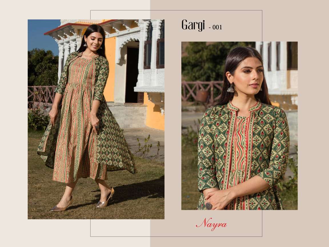 GARGI BY NAYRA 001 TO 004 SERIES BEAUTIFUL STYLISH FANCY COLORFUL CASUAL WEAR & ETHNIC WEAR PURE COTTON GOWNS WITH JACKET AT WHOLESALE PRICE
