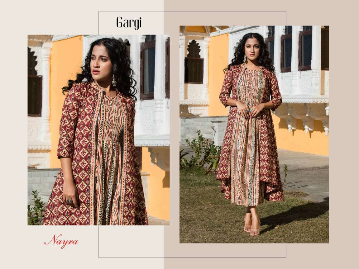 GARGI BY NAYRA 001 TO 004 SERIES BEAUTIFUL STYLISH FANCY COLORFUL CASUAL WEAR & ETHNIC WEAR PURE COTTON GOWNS WITH JACKET AT WHOLESALE PRICE