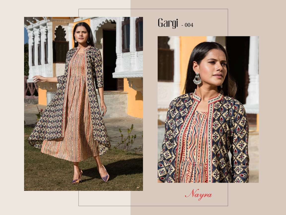 GARGI BY NAYRA 001 TO 004 SERIES BEAUTIFUL STYLISH FANCY COLORFUL CASUAL WEAR & ETHNIC WEAR PURE COTTON GOWNS WITH JACKET AT WHOLESALE PRICE