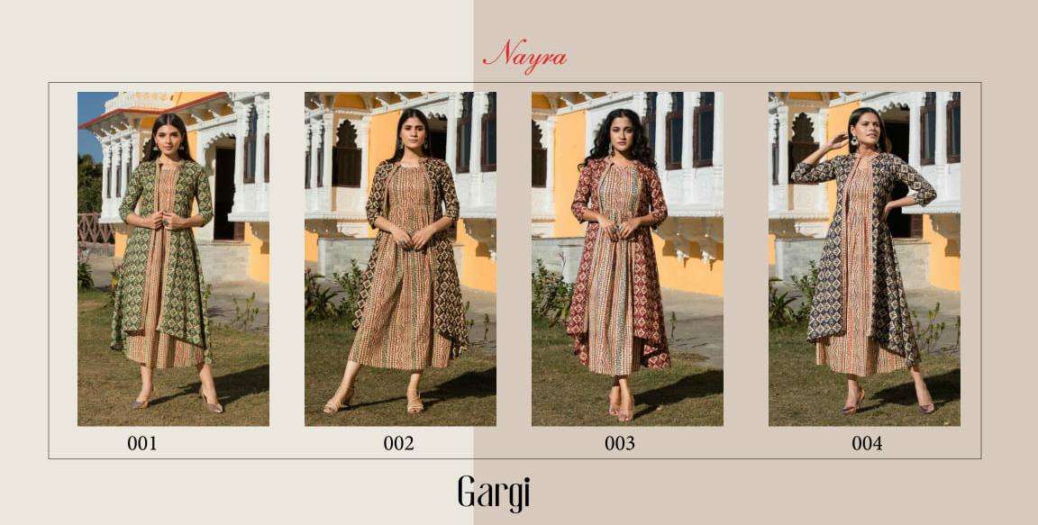 GARGI BY NAYRA 001 TO 004 SERIES BEAUTIFUL STYLISH FANCY COLORFUL CASUAL WEAR & ETHNIC WEAR PURE COTTON GOWNS WITH JACKET AT WHOLESALE PRICE