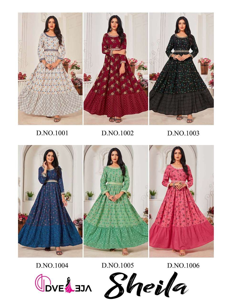 SHEILA BY DVEEJA 1001 TO 1006 SERIES BEAUTIFUL STYLISH FANCY COLORFUL CASUAL WEAR & ETHNIC WEAR HEAVY RAYON GOWNS AT WHOLESALE PRICE