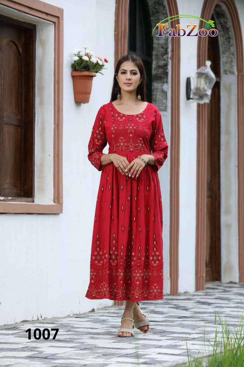 GOOMAR BY FAB ZOO 1001 TO 1007 SERIES DESIGNER STYLISH FANCY COLORFUL BEAUTIFUL PARTY WEAR & ETHNIC WEAR COLLECTION PURE RAYON KURTIS AT WHOLESALE PRICE
