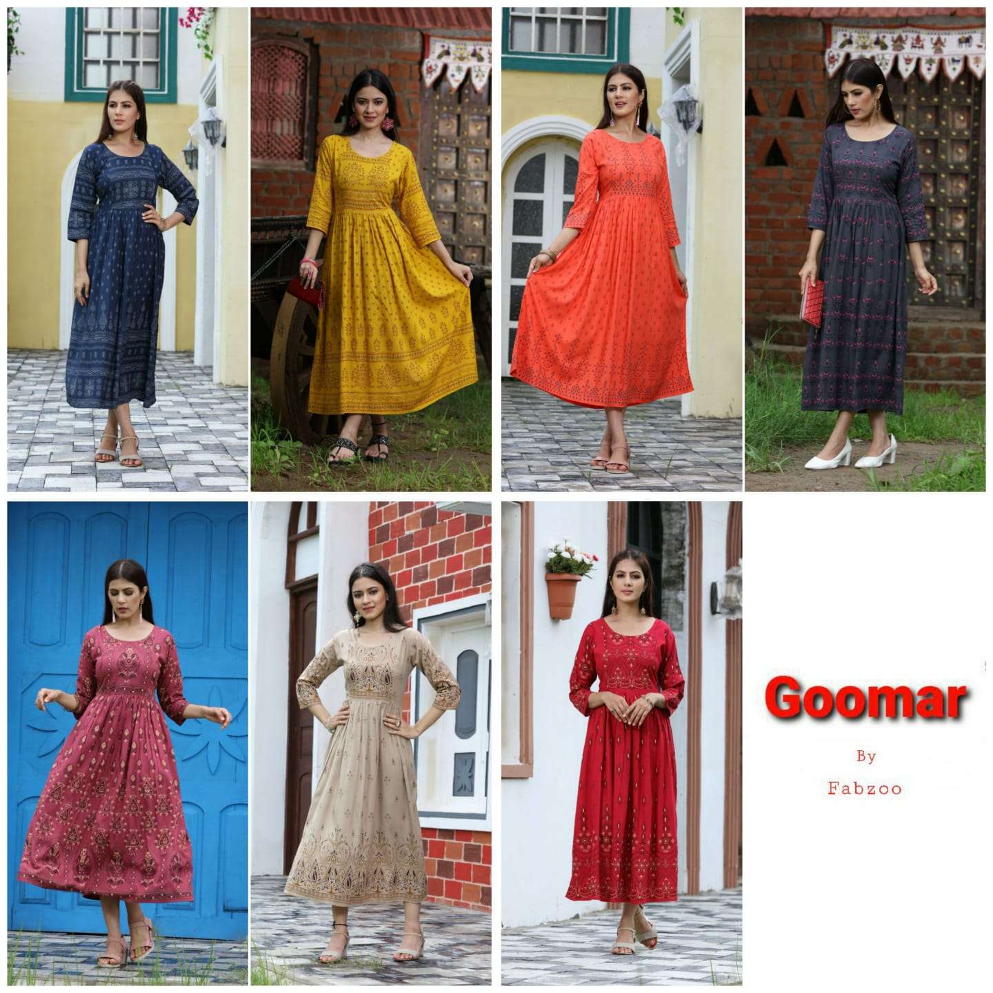 GOOMAR BY FAB ZOO 1001 TO 1007 SERIES DESIGNER STYLISH FANCY COLORFUL BEAUTIFUL PARTY WEAR & ETHNIC WEAR COLLECTION PURE RAYON KURTIS AT WHOLESALE PRICE