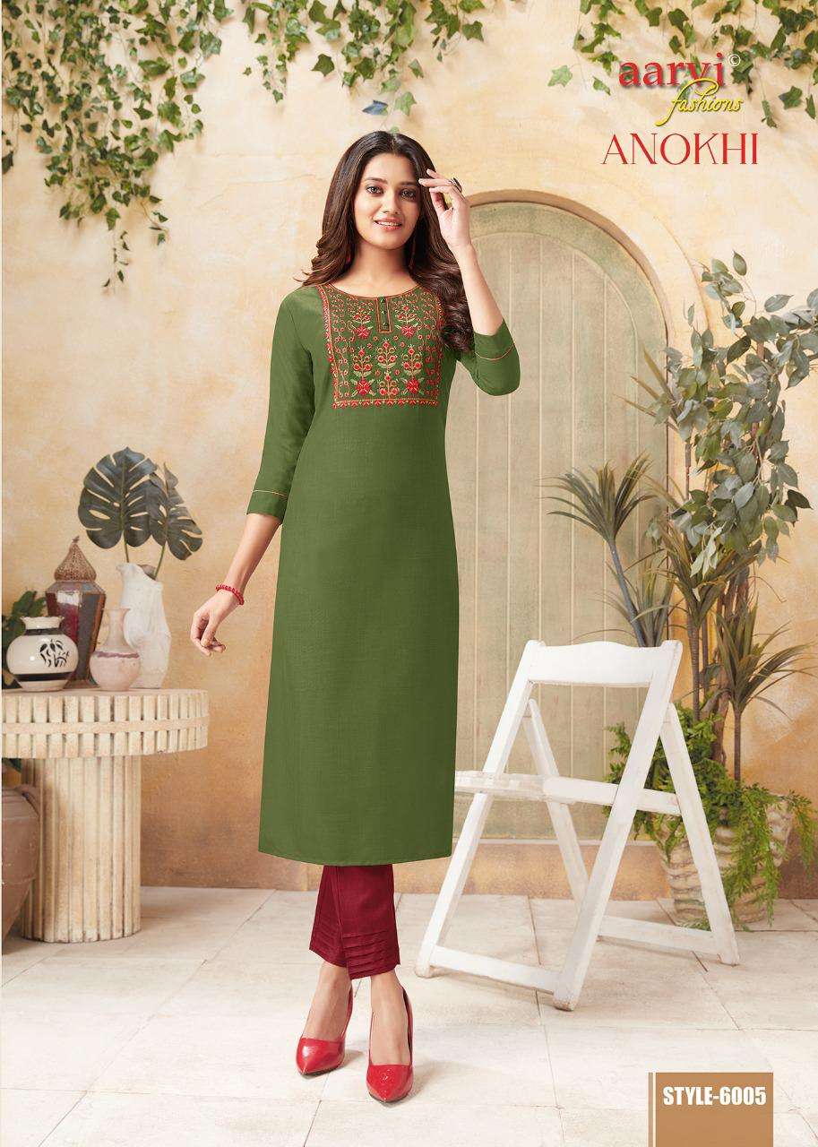 ANOKHI VOL-1 BY AARVI FASHION 6001 TO 6006 SERIES DESIGNER STYLISH FANCY COLORFUL BEAUTIFUL PARTY WEAR & ETHNIC WEAR COLLECTION SILK COTTON KURTIS AT WHOLESALE PRICE