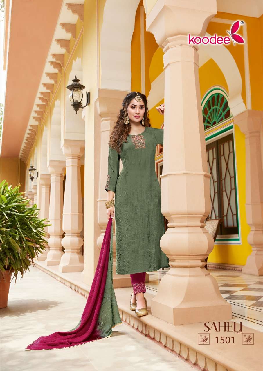 SAHELI VOL-15 BY KOODEE 1501 TO 1506 SERIES DESIGNER SUITS BEAUTIFUL STYLISH FANCY COLORFUL PARTY WEAR & ETHNIC WEAR CHINNON SLUB DRESSES AT WHOLESALE PRICE