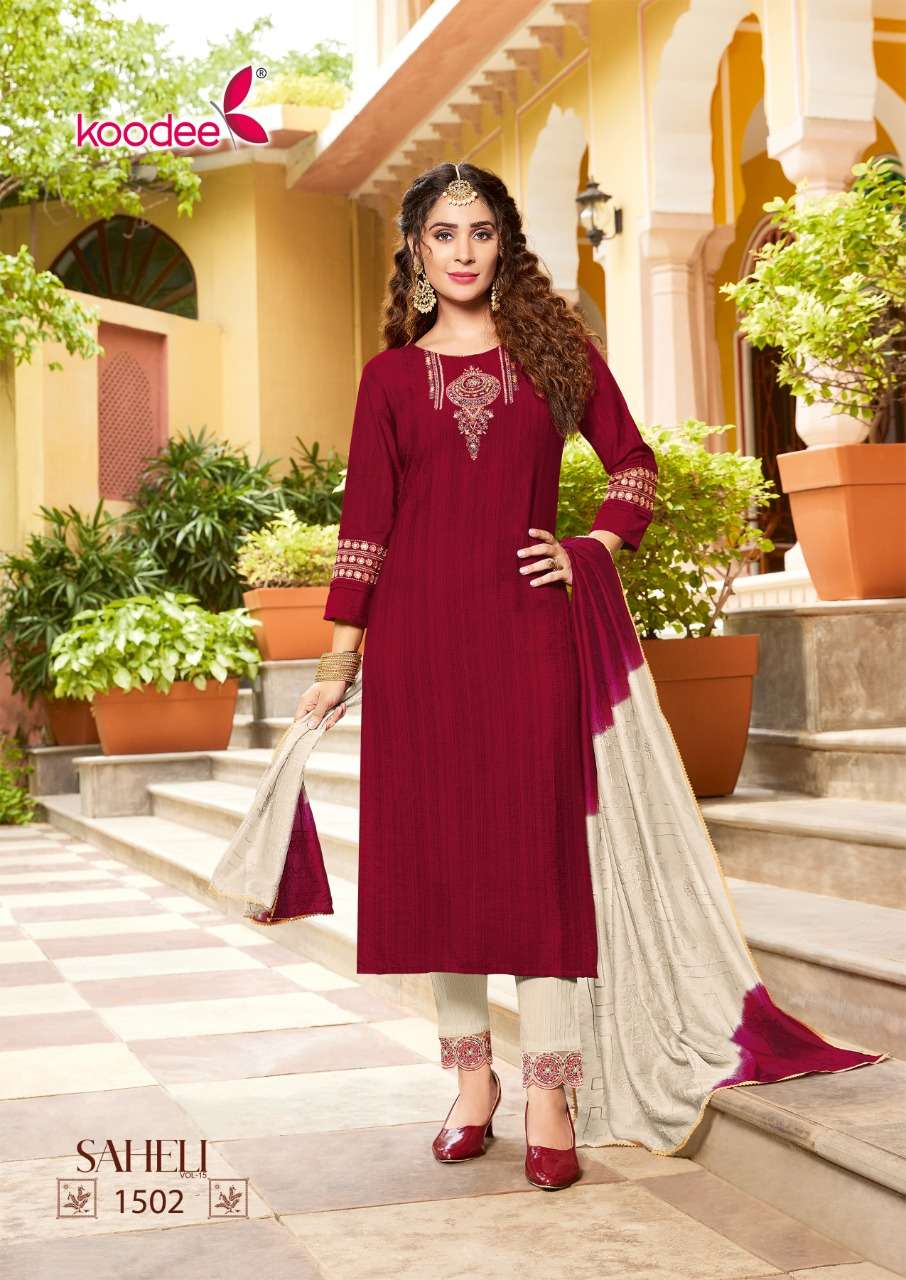 SAHELI VOL-15 BY KOODEE 1501 TO 1506 SERIES DESIGNER SUITS BEAUTIFUL STYLISH FANCY COLORFUL PARTY WEAR & ETHNIC WEAR CHINNON SLUB DRESSES AT WHOLESALE PRICE