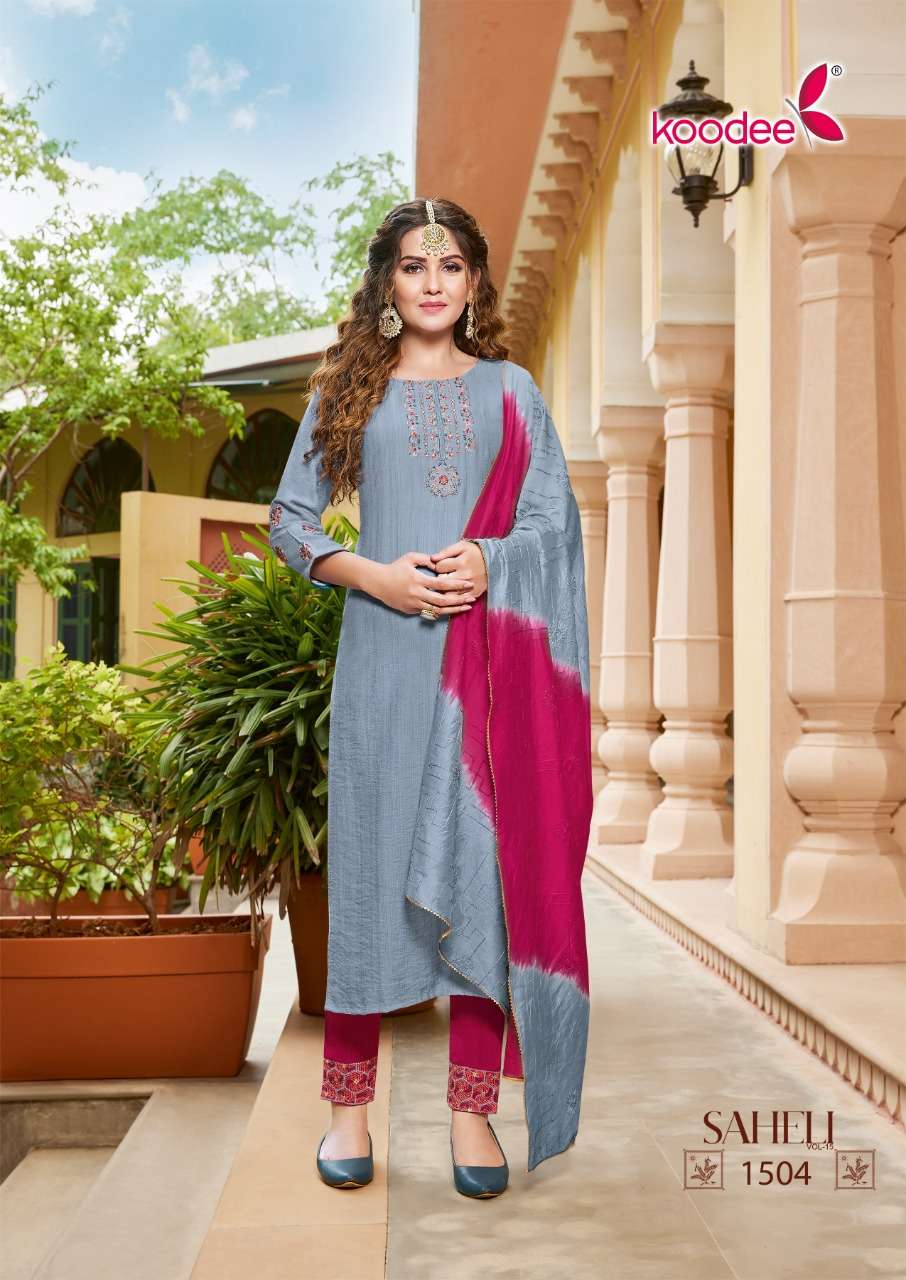 SAHELI VOL-15 BY KOODEE 1501 TO 1506 SERIES DESIGNER SUITS BEAUTIFUL STYLISH FANCY COLORFUL PARTY WEAR & ETHNIC WEAR CHINNON SLUB DRESSES AT WHOLESALE PRICE