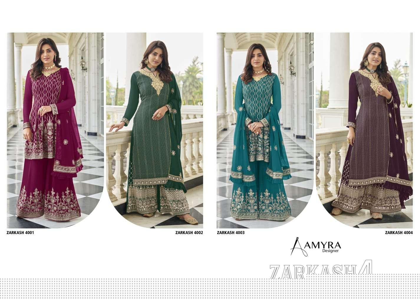 Zarkash Vol-4 By Amyra Designer 4001 To 4004 Series Beautiful Stylish Sharara Suits Fancy Colorful Casual Wear & Ethnic Wear & Ready To Wear Heavy Blooming Georgette Embroidered Dresses At Wholesale Price
