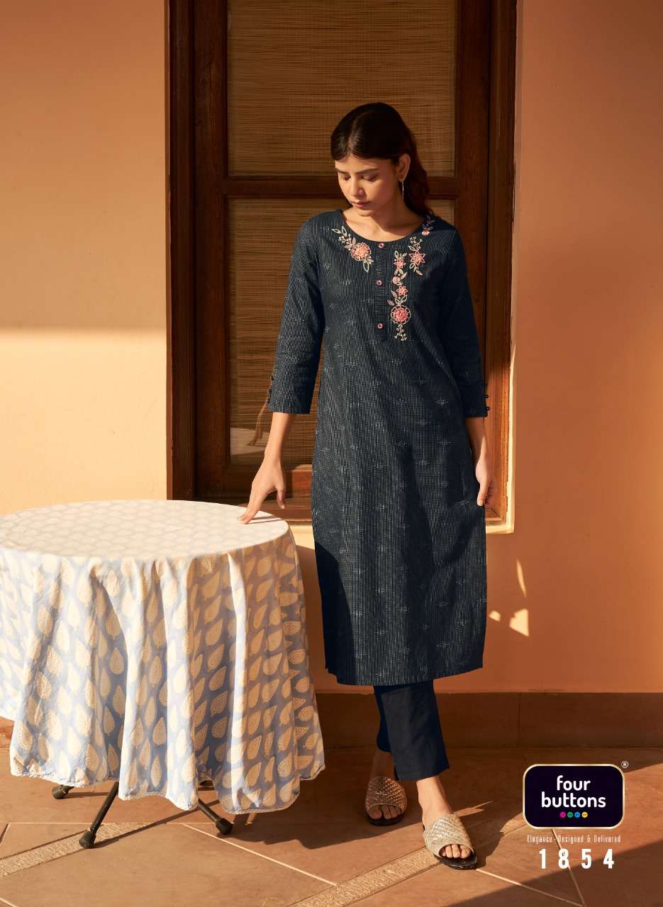 BASIL VOL-4 BY FOUR BUTTONS 1851 TO 1858 SERIES DESIGNER STYLISH FANCY COLORFUL BEAUTIFUL PARTY WEAR & ETHNIC WEAR COLLECTION PURE COTTON EMBROIDERY KURTIS AT WHOLESALE PRICE