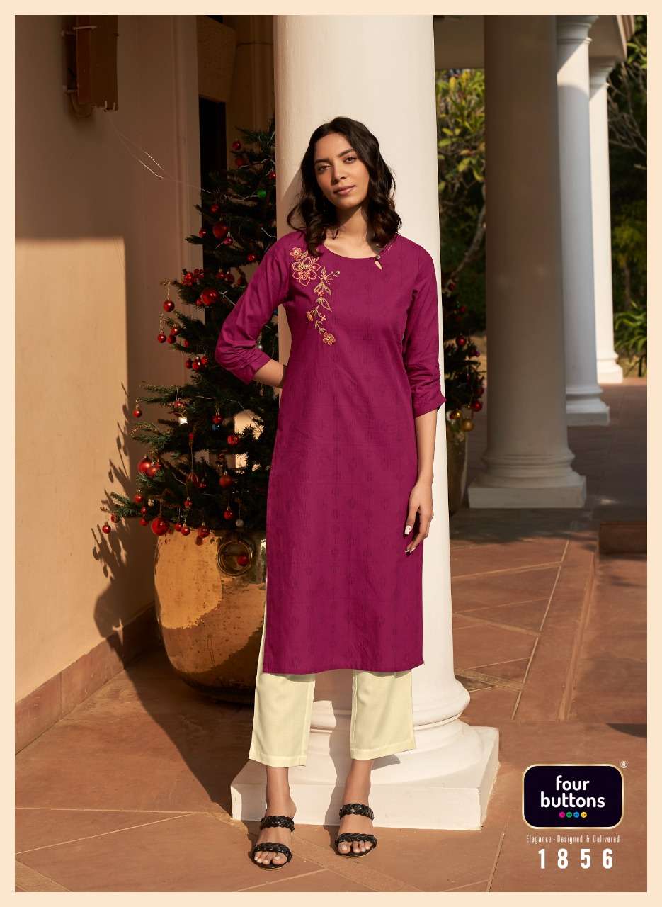 BASIL VOL-4 BY FOUR BUTTONS 1851 TO 1858 SERIES DESIGNER STYLISH FANCY COLORFUL BEAUTIFUL PARTY WEAR & ETHNIC WEAR COLLECTION PURE COTTON EMBROIDERY KURTIS AT WHOLESALE PRICE