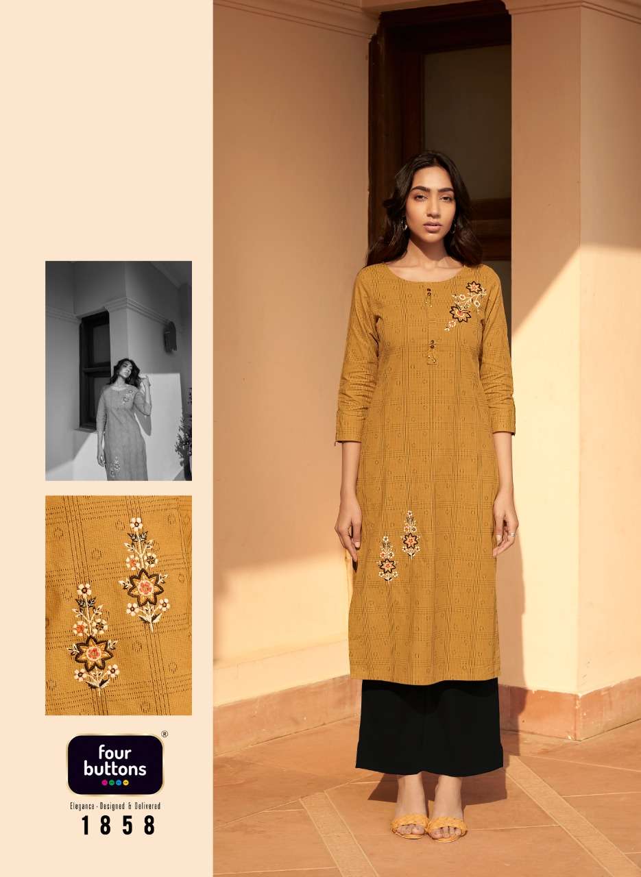 BASIL VOL-4 BY FOUR BUTTONS 1851 TO 1858 SERIES DESIGNER STYLISH FANCY COLORFUL BEAUTIFUL PARTY WEAR & ETHNIC WEAR COLLECTION PURE COTTON EMBROIDERY KURTIS AT WHOLESALE PRICE