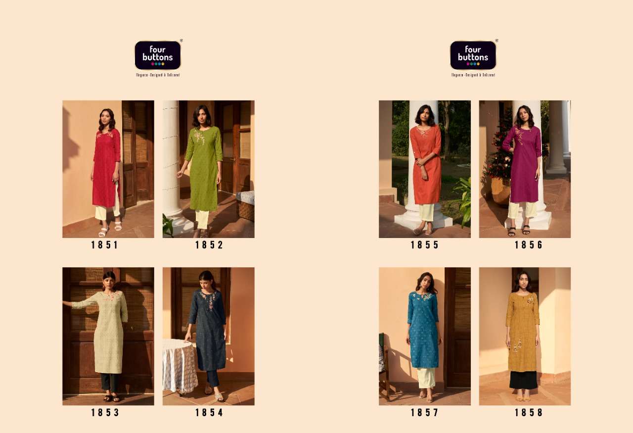BASIL VOL-4 BY FOUR BUTTONS 1851 TO 1858 SERIES DESIGNER STYLISH FANCY COLORFUL BEAUTIFUL PARTY WEAR & ETHNIC WEAR COLLECTION PURE COTTON EMBROIDERY KURTIS AT WHOLESALE PRICE