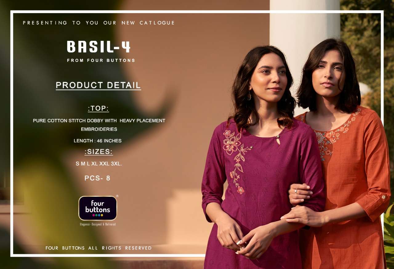BASIL VOL-4 BY FOUR BUTTONS 1851 TO 1858 SERIES DESIGNER STYLISH FANCY COLORFUL BEAUTIFUL PARTY WEAR & ETHNIC WEAR COLLECTION PURE COTTON EMBROIDERY KURTIS AT WHOLESALE PRICE