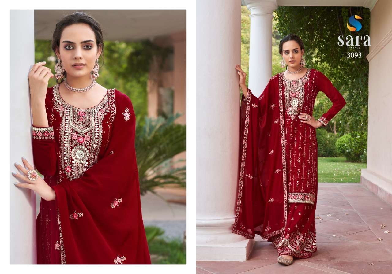 PASOORI BY SARA TRENDZ 3091 TO 3094 SERIES BEAUTIFUL SHARARA SUITS COLORFUL STYLISH FANCY CASUAL WEAR & ETHNIC WEAR CHINNON EMBROIDERED DRESSES AT WHOLESALE PRICE