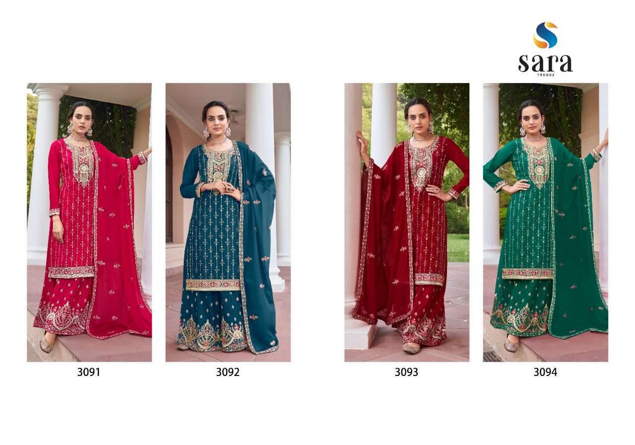 PASOORI BY SARA TRENDZ 3091 TO 3094 SERIES BEAUTIFUL SHARARA SUITS COLORFUL STYLISH FANCY CASUAL WEAR & ETHNIC WEAR CHINNON EMBROIDERED DRESSES AT WHOLESALE PRICE