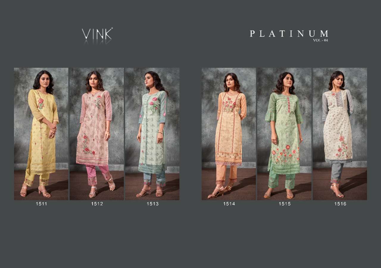 PLATINUM VOL-4 BY VINK 1511 TO 1516 SERIES DESIGNER STYLISH FANCY COLORFUL BEAUTIFUL PARTY WEAR & ETHNIC WEAR COLLECTION PURE ORGANZA KURTIS WITH BOTTOM AT WHOLESALE PRICE