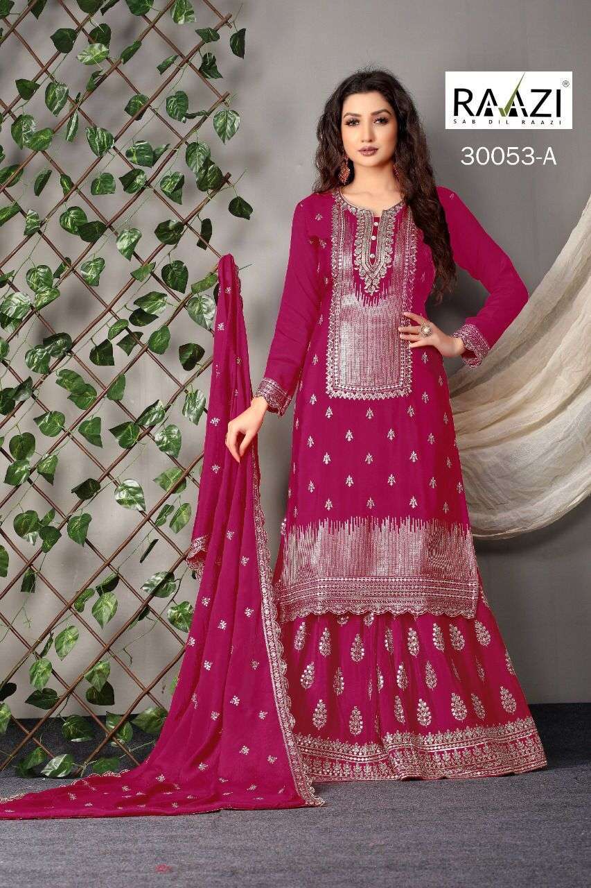 RAAZI 30053 COLOURS BY RAMA FASHION 30053-A TO 30053- F SERIES BEAUTIFUL STYLISH FANCY COLORFUL CASUAL WEAR & ETHNIC WEAR & READY TO WEAR CHINNON EMBROIDERED DRESSES AT WHOLESALE PRICE