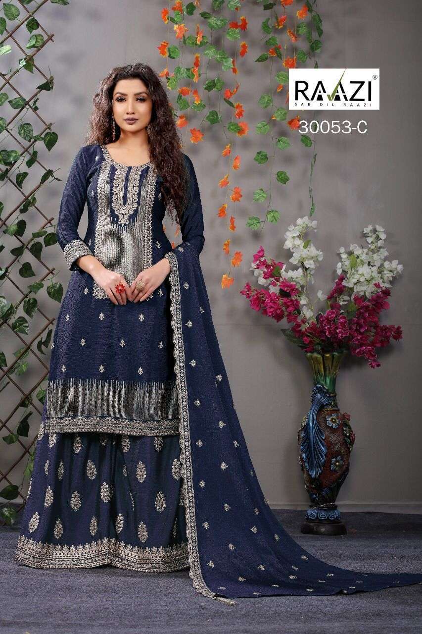RAAZI 30053 COLOURS BY RAMA FASHION 30053-A TO 30053- F SERIES BEAUTIFUL STYLISH FANCY COLORFUL CASUAL WEAR & ETHNIC WEAR & READY TO WEAR CHINNON EMBROIDERED DRESSES AT WHOLESALE PRICE