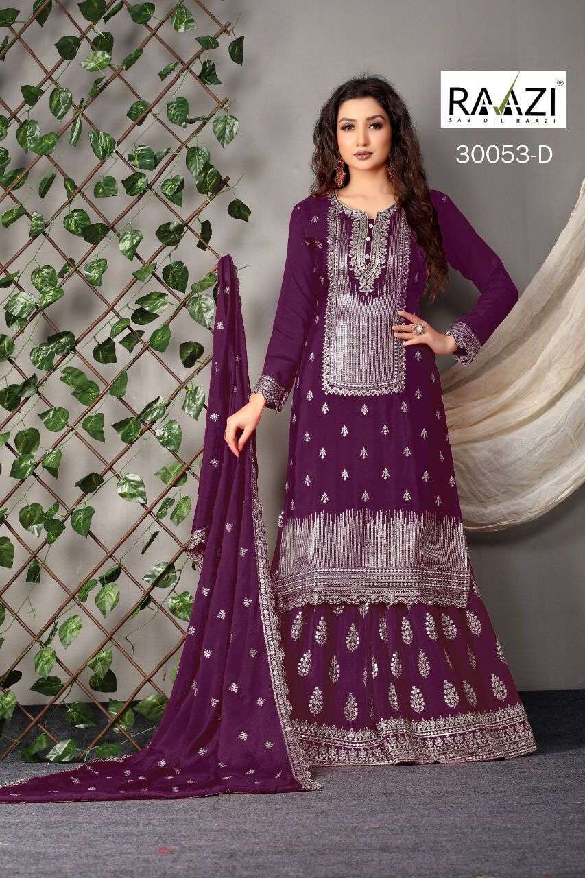 RAAZI 30053 COLOURS BY RAMA FASHION 30053-A TO 30053- F SERIES BEAUTIFUL STYLISH FANCY COLORFUL CASUAL WEAR & ETHNIC WEAR & READY TO WEAR CHINNON EMBROIDERED DRESSES AT WHOLESALE PRICE