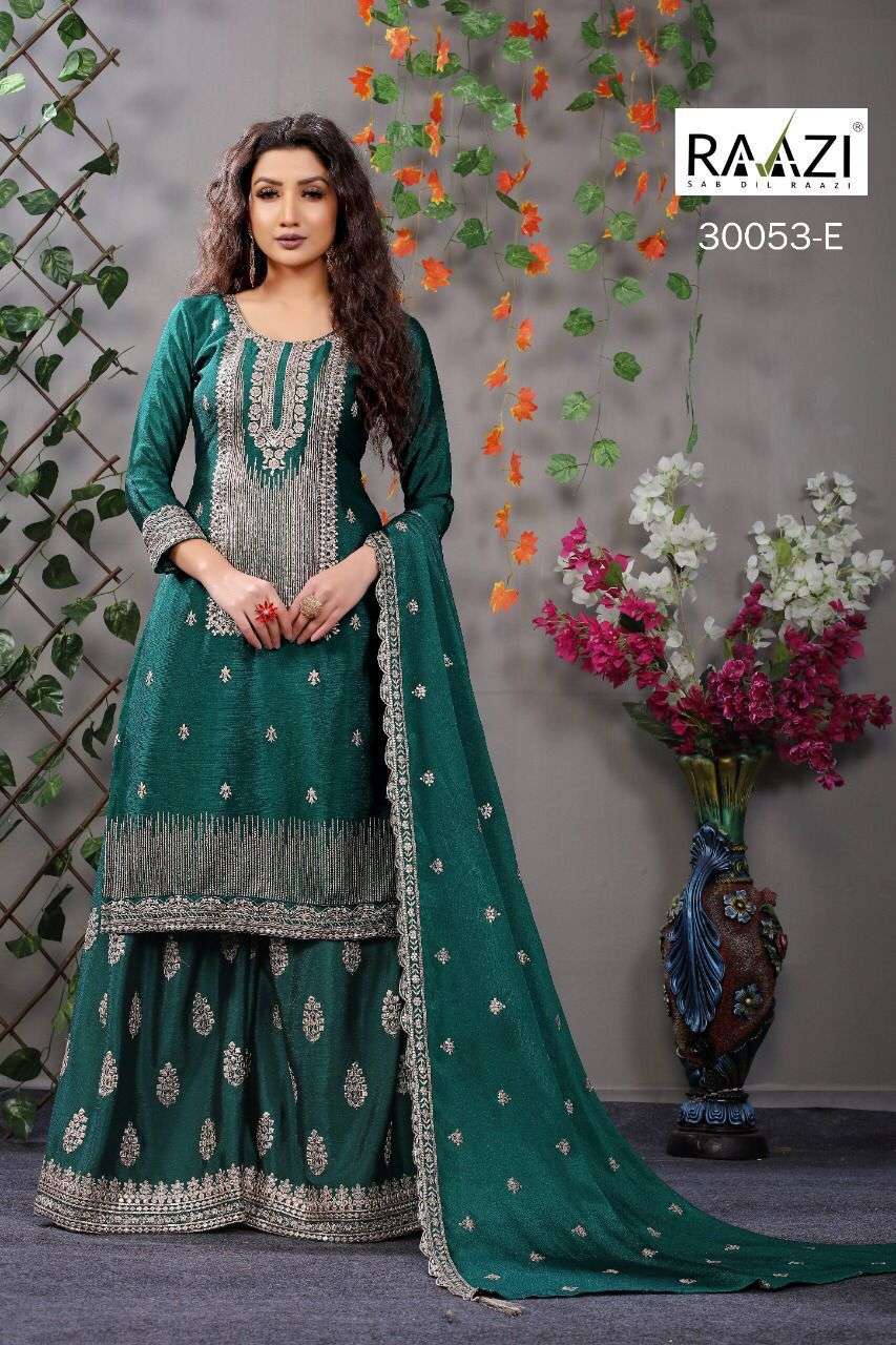 RAAZI 30053 COLOURS BY RAMA FASHION 30053-A TO 30053- F SERIES BEAUTIFUL STYLISH FANCY COLORFUL CASUAL WEAR & ETHNIC WEAR & READY TO WEAR CHINNON EMBROIDERED DRESSES AT WHOLESALE PRICE
