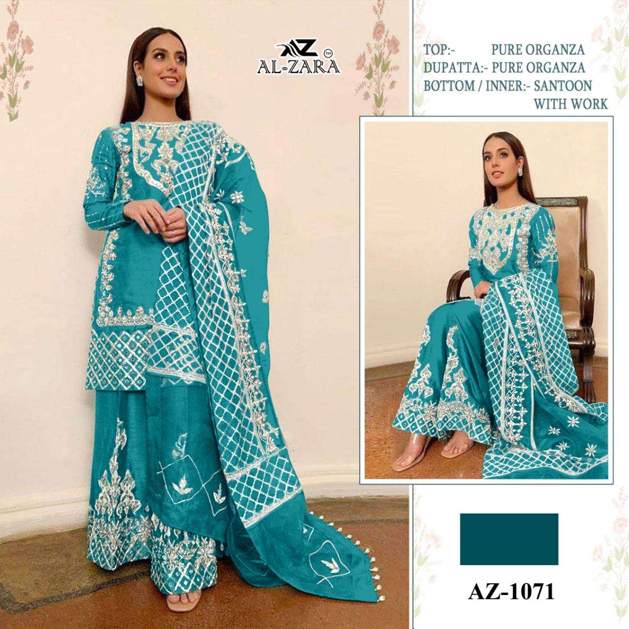 AL ZARA 1071 COLOURS BY AL ZARA 1071-A TO 1071-D SERIES BEAUTIFUL PAKISTANI SUITS COLORFUL STYLISH FANCY CASUAL WEAR & ETHNIC WEAR ORGANZA DRESSES AT WHOLESALE PRICE