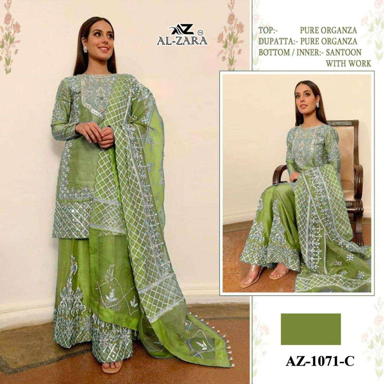 AL ZARA 1071 COLOURS BY AL ZARA 1071-A TO 1071-D SERIES BEAUTIFUL PAKISTANI SUITS COLORFUL STYLISH FANCY CASUAL WEAR & ETHNIC WEAR ORGANZA DRESSES AT WHOLESALE PRICE