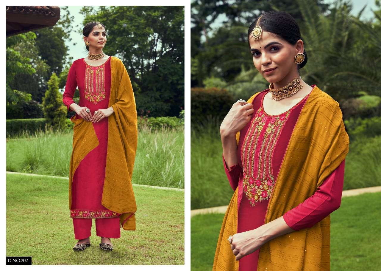 ROSY BY CHERRY 201 TO 204 SERIES BEAUTIFUL SUITS COLORFUL STYLISH FANCY CASUAL WEAR & ETHNIC WEAR SILK DRESSES AT WHOLESALE PRICE