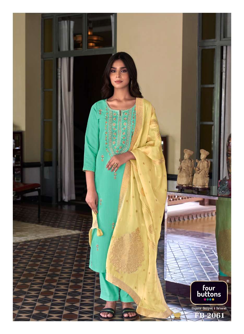 NOOR VOL-2 BY FOUR BUTTONS 2061 TO 2066 SERIES BEAUTIFUL SUITS COLORFUL STYLISH FANCY CASUAL WEAR & ETHNIC WEAR PURE VISCOSE SILK EMBROIDERED DRESSES AT WHOLESALE PRICE