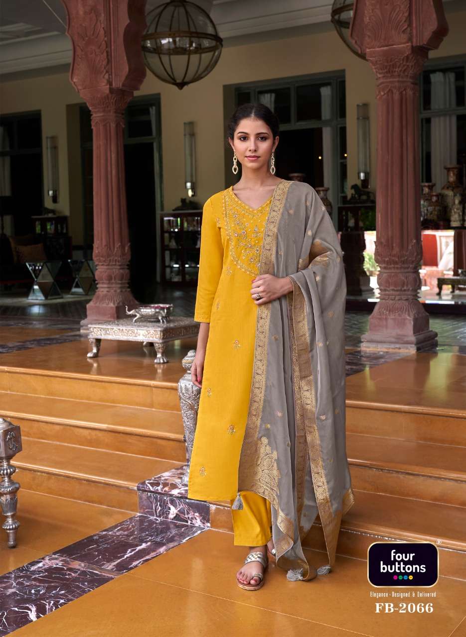 NOOR VOL-2 BY FOUR BUTTONS 2061 TO 2066 SERIES BEAUTIFUL SUITS COLORFUL STYLISH FANCY CASUAL WEAR & ETHNIC WEAR PURE VISCOSE SILK EMBROIDERED DRESSES AT WHOLESALE PRICE