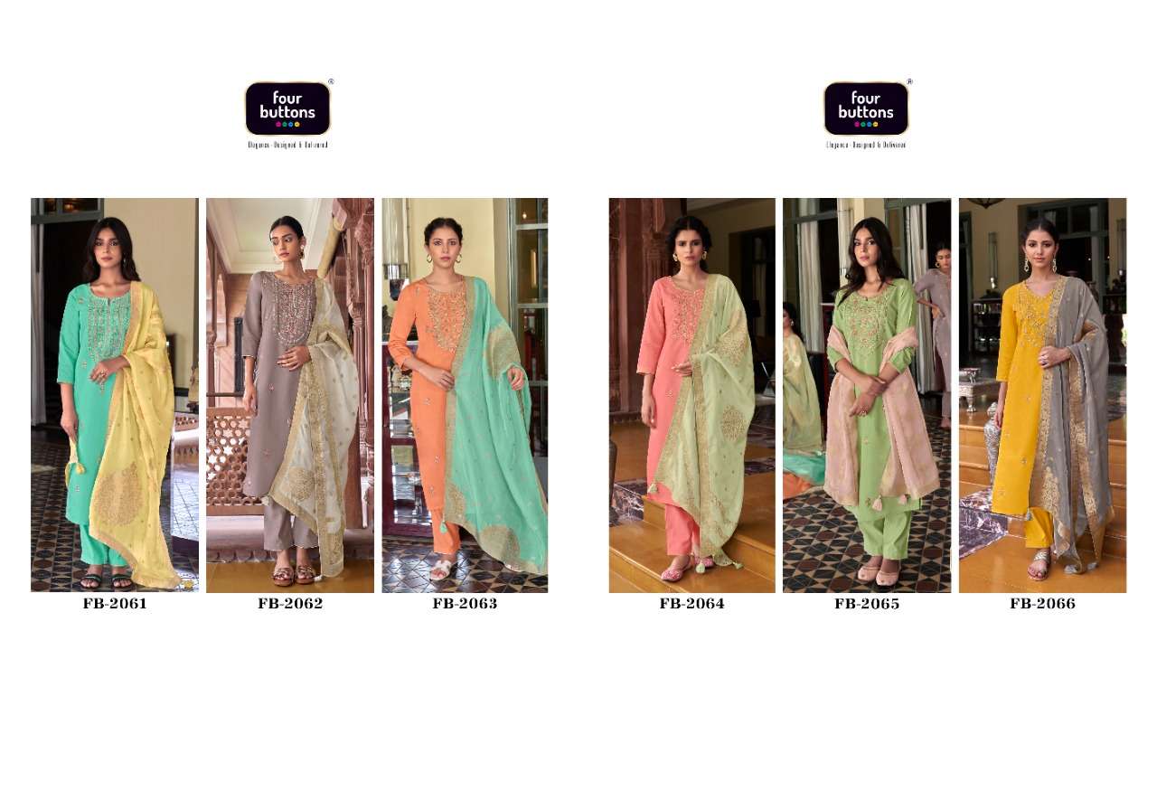 NOOR VOL-2 BY FOUR BUTTONS 2061 TO 2066 SERIES BEAUTIFUL SUITS COLORFUL STYLISH FANCY CASUAL WEAR & ETHNIC WEAR PURE VISCOSE SILK EMBROIDERED DRESSES AT WHOLESALE PRICE
