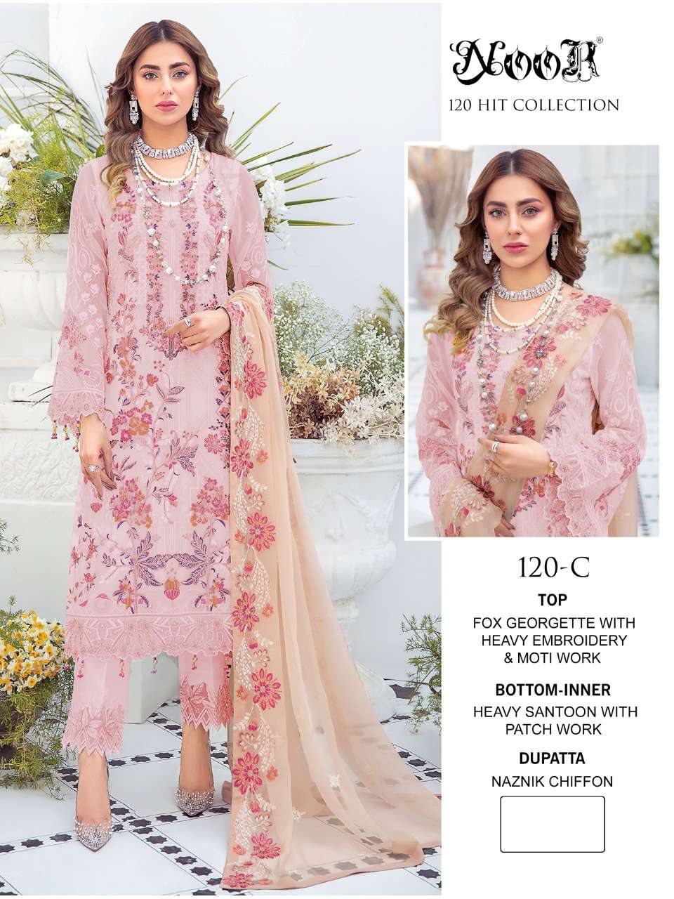 NOOR 120 COLOURS BY NOOR 120-A TO 120-D SERIES PAKISTANI STYLISH BEAUTIFUL COLOURFUL PRINTED & EMBROIDERED PARTY WEAR & OCCASIONAL WEAR FAUX GEORGETTE EMBROIDERED DRESSES AT WHOLESALE PRICE