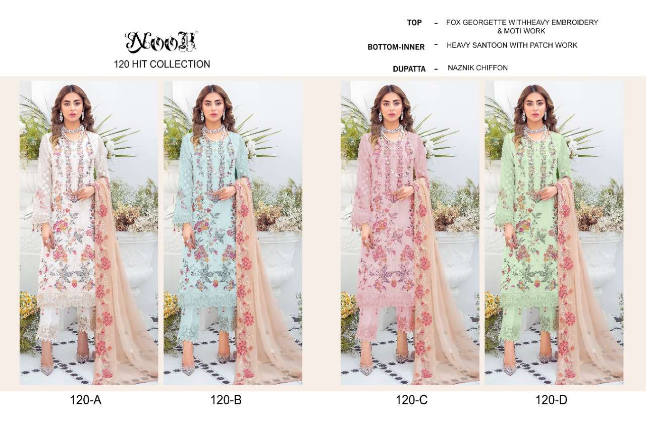 NOOR 120 COLOURS BY NOOR 120-A TO 120-D SERIES PAKISTANI STYLISH BEAUTIFUL COLOURFUL PRINTED & EMBROIDERED PARTY WEAR & OCCASIONAL WEAR FAUX GEORGETTE EMBROIDERED DRESSES AT WHOLESALE PRICE