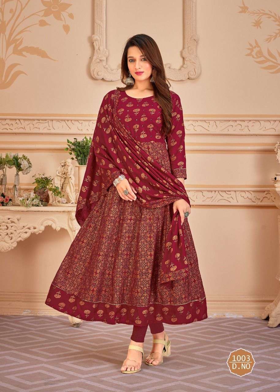 PANKH VOL-6 BY BANWERY FASHION 1001 TO 1005 SERIES BEAUTIFUL STYLISH FANCY COLORFUL CASUAL WEAR & ETHNIC WEAR RAYON GOWNS WITH DUPATTA AT WHOLESALE PRICE