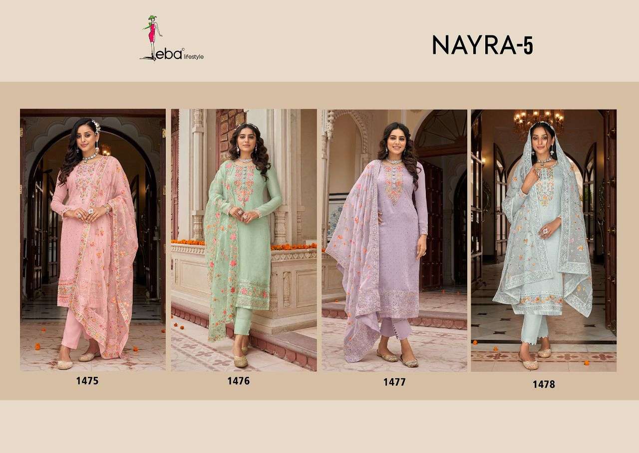 NAYRA VOL-5 BY EBA LIFESTYLE 1475 TO 1478 SERIES BEAUTIFUL COLORFUL STYLISH FANCY CASUAL WEAR & ETHNIC WEAR & READY TO WEAR VISCOSE SILK EMBROIDERED DRESSES AT WHOLESALE PRICE