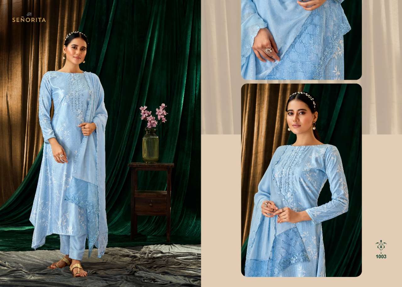 NAAZ BY SENORITA 1001 TO 1006 SERIES STYLISH BEAUTIFUL COLOURFUL PRINTED & EMBROIDERED PARTY WEAR & OCCASIONAL WEAR VELVET DRESSES AT WHOLESALE PRICE